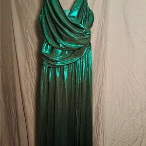 Emerald Green Ruched Cowl Neck Prom Gown